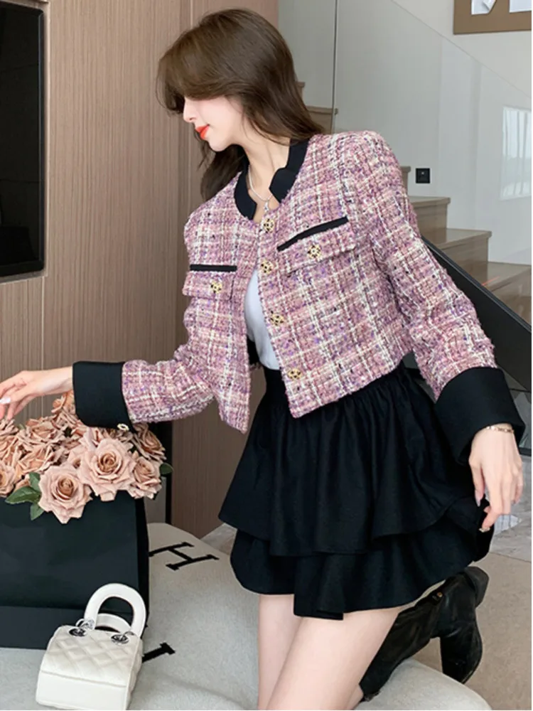 Jaqueta elegante Tweed de tecelagem feminina, blusa curta rosa de alta qualidade, manga comprida, casual para festa, gola com gola, senhora do escritório, moda