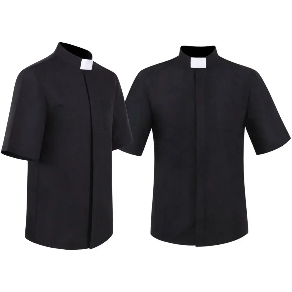 Chemise noire de prêtre pour hommes, Costume de Cosplay missionnaire de Religion catholique, col montant, manches courtes, hauts romains pour Halloween
