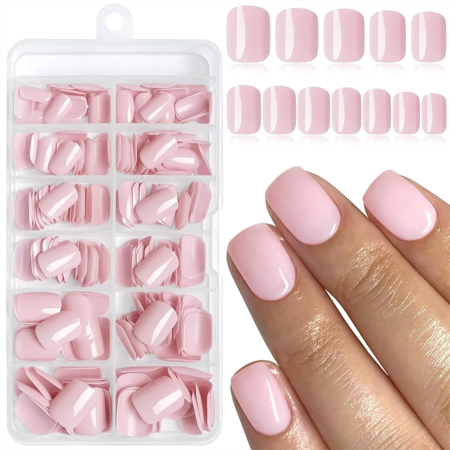 

240pc Short Square Press on Nails Light Pink with Adhesive Tabs, Acrylic Fake Nails for Women Girls
