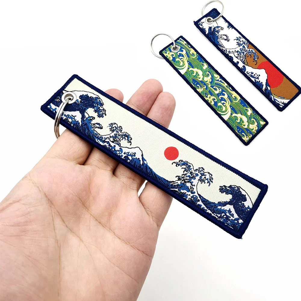JDM Japanese Keychain Hokkaido Waves Embroidered Cloth Auto Holder KeyRing For Car