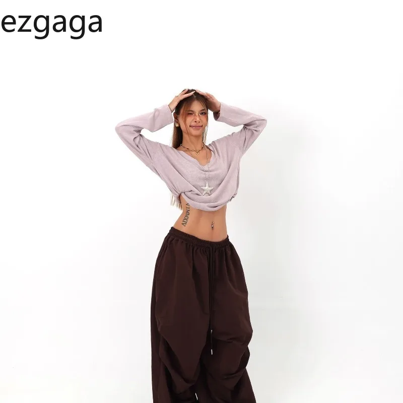 

Ezgaga Tshirts Women Vintage V Neck Loose Long Sleeve Grunge Gothic Solid Crops Tops Ladies Fashion Casual Tee Shirt Club