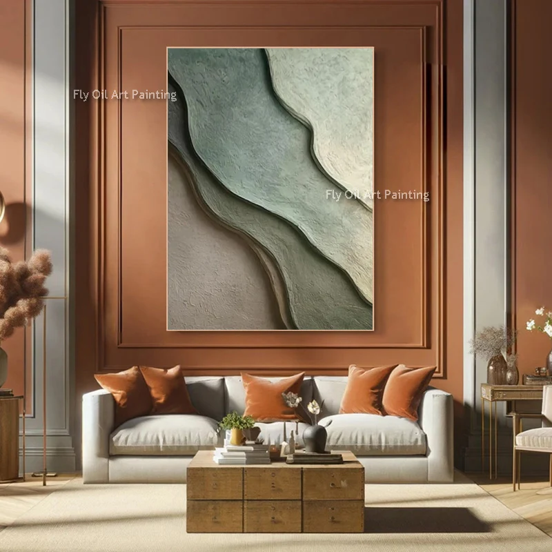 New Popular Light Green Brown Abstract Oil Painting Original Design Handmade Black Beige Simple Home Wall Art Decor Items As Gif