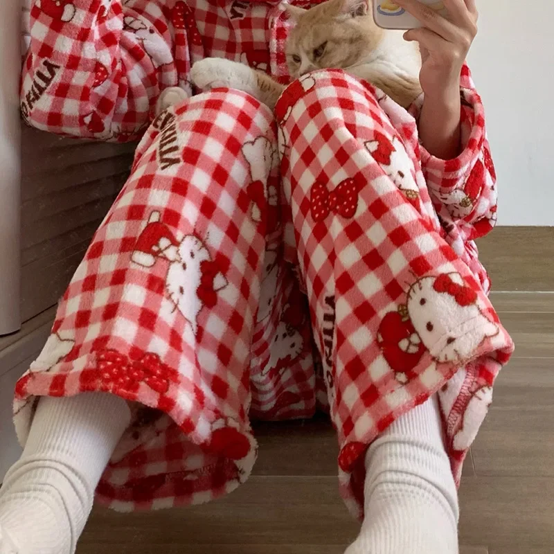 Christmas Cartoon Hello Kitty Flannel Sleepwear Autumn&winter New Style Coral Fleece Thickened and Plush Warm Casual Home Pants