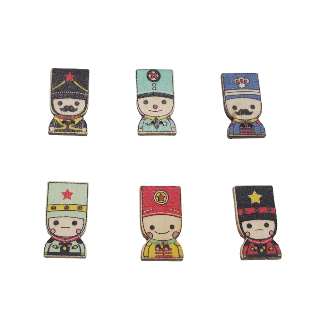 30PCs Wooden Sewing Buttons Scrapbook Cartoon Soldiers Colorful Mixed 2Holes 30x16mm Decorate costura accesorios novedosos