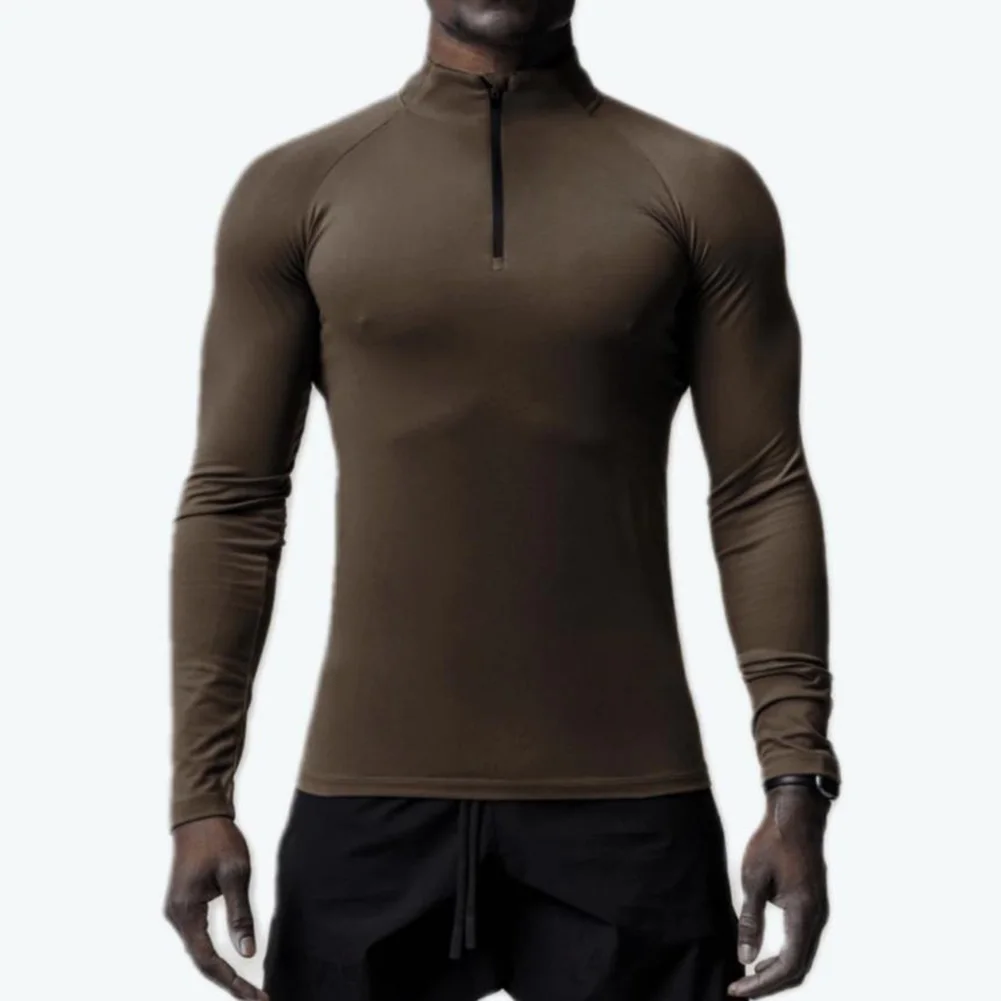 Mens Slim Muscle Active Sports Fit Long Sleeve T Shirts Quick Drying Tee Tops Half High Collar Outdoor Gym Sports T-shirt