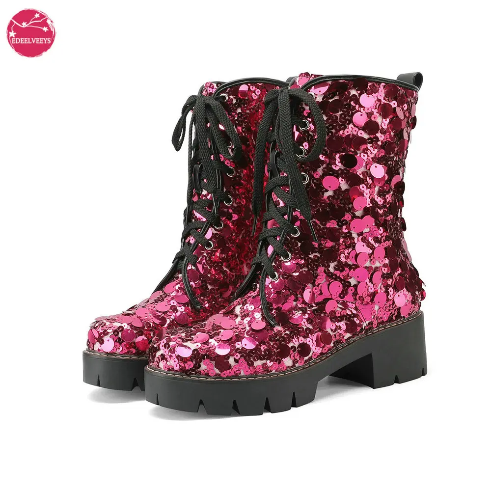 

Sweet Lolita Women Mid Calf Boots Girls Lace Up Round Toe Bling Motorcycle Ridding Sequin Booties Thick Chunky Heel Dropship