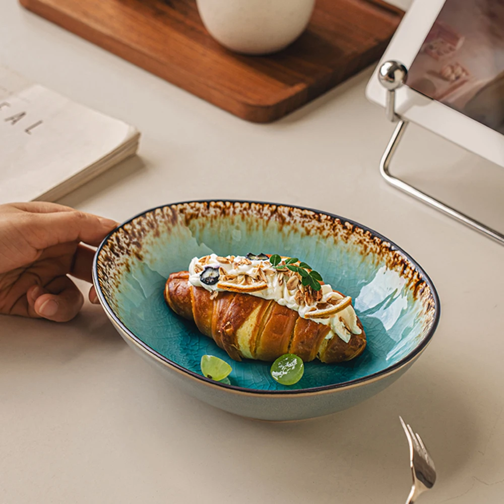 8Inches Irregular Ceramic Bowl Gradient Blue Crackle Glaze Salad Bowls Home Kitchen Resturant Versatile Tableware Ice Cream Bowl