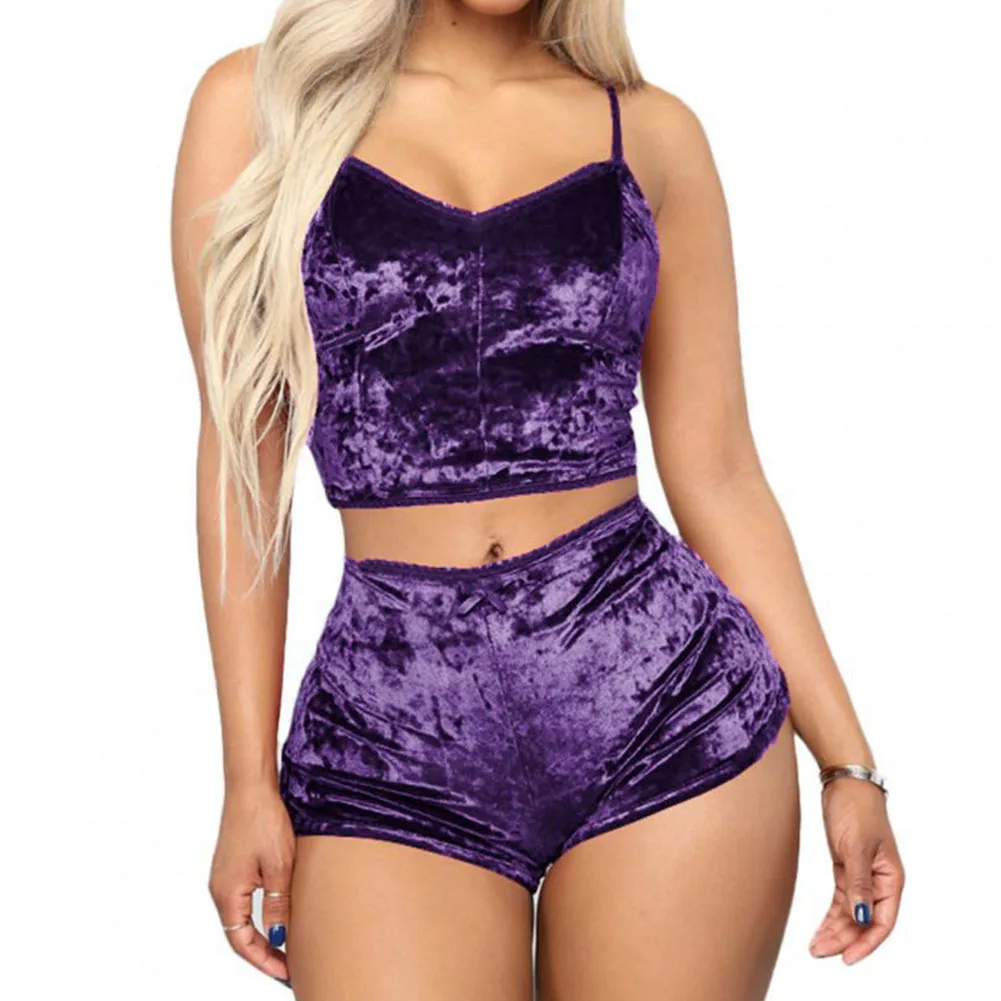 Women Sexy Pajama Set Solid Color V-neck Sleeveless Sexy Underwear Woman Solid Comfortable 2 Piece Lingerie Sleepwear Fashion image 5
