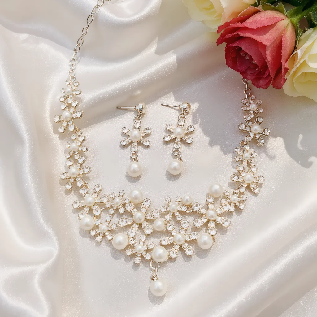 

3pcs Elegant Vintage Jewelry Set for Women Snowflakes Pearls Necklace Shiny Crystal Choker Bridal Wedding Earrings Party