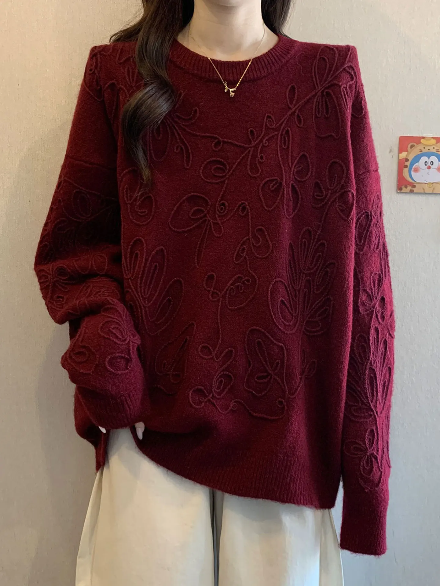 

Faionable Unique Knitted Red Long Sve Women's Sweater Spring Autumn Winter Large Size Young Looking Top Quali Soft Kor...
