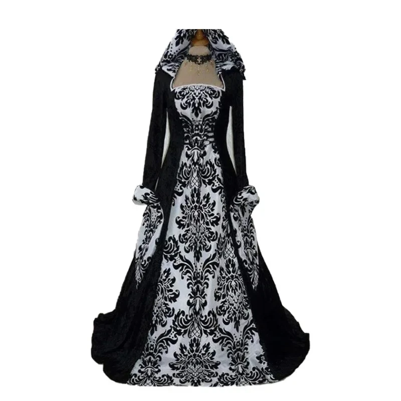

Vintage Dress Women's Long Sleeved Hooded Dress, Large Hem Printed, Middle Ages