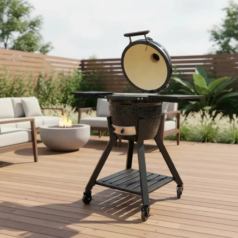 Modern 16 Inch standing Outdoor Barbecue Grill Large Egg-Shaped Glossy Deep Black with BBQ Features