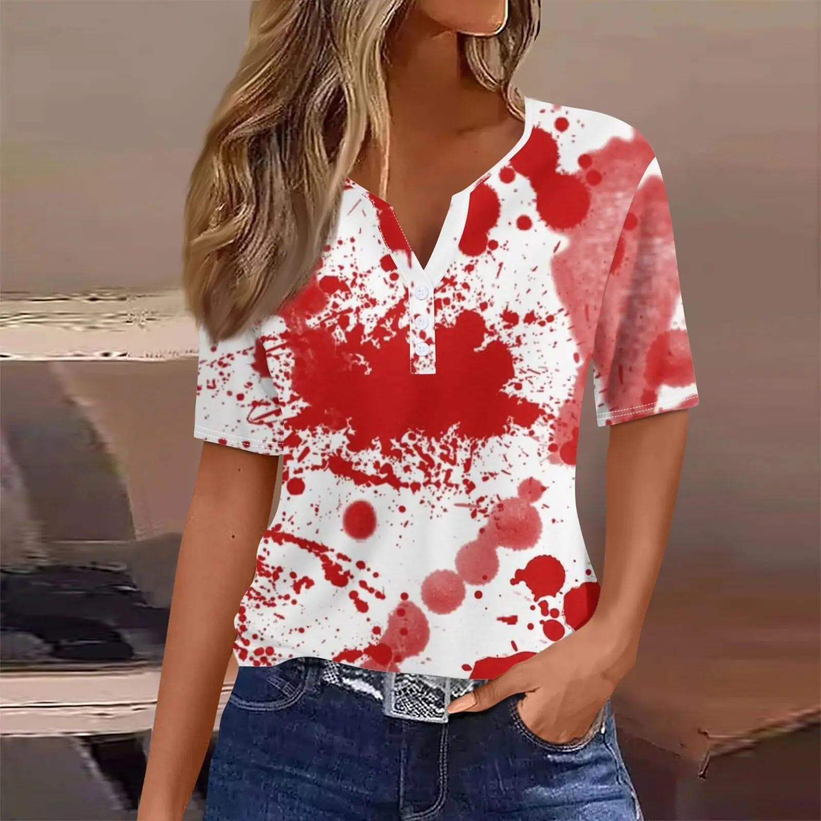 Thriller Series Foreign Trade Button Short Sleeved Blood Clot Autumn Horror Element Pattern Halloween T-Shirt For WomenWG19