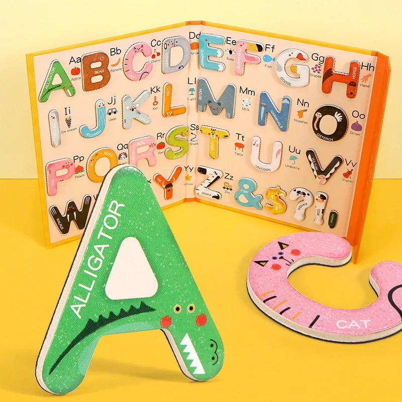 Montessori Houten Magnetische Engelse Letters Bordspel Alfabetten Talen Leren Boek Educatieve Puzzels Speelgoed Voor Kinderen