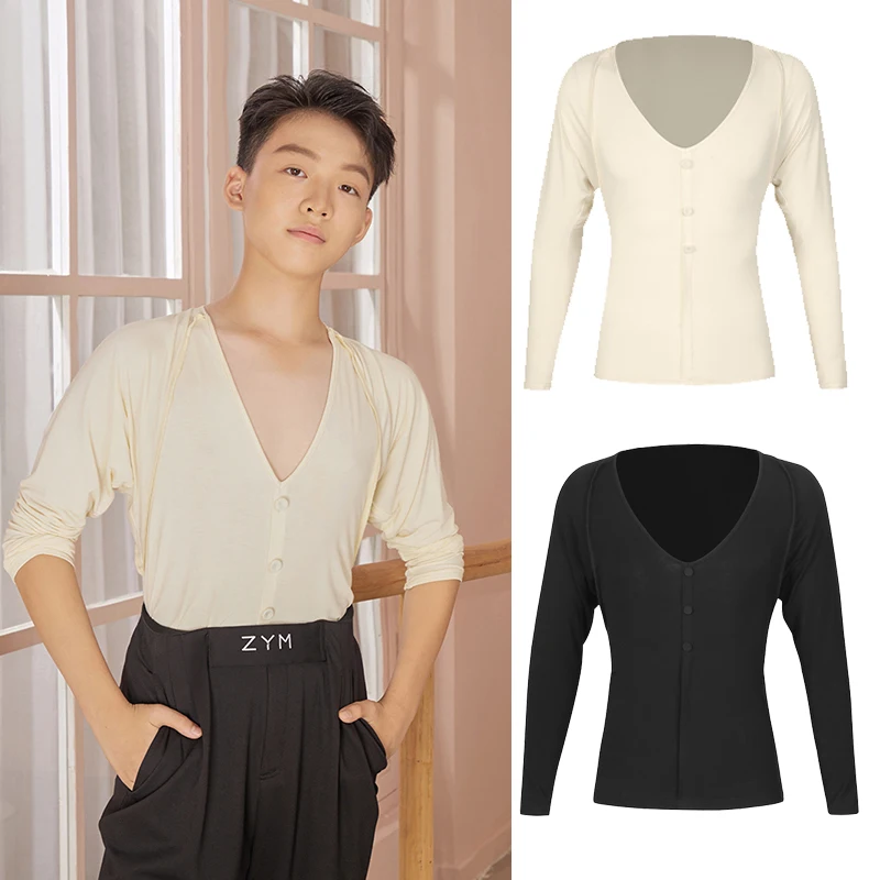 vetements-de-danse-latine-pour-enfants-garcons-col-en-v-manches-longues-hauts-amples-noir-rumba-cha-cha-t-shirt-de-danse-vetements-d'entrainement-dnv25642