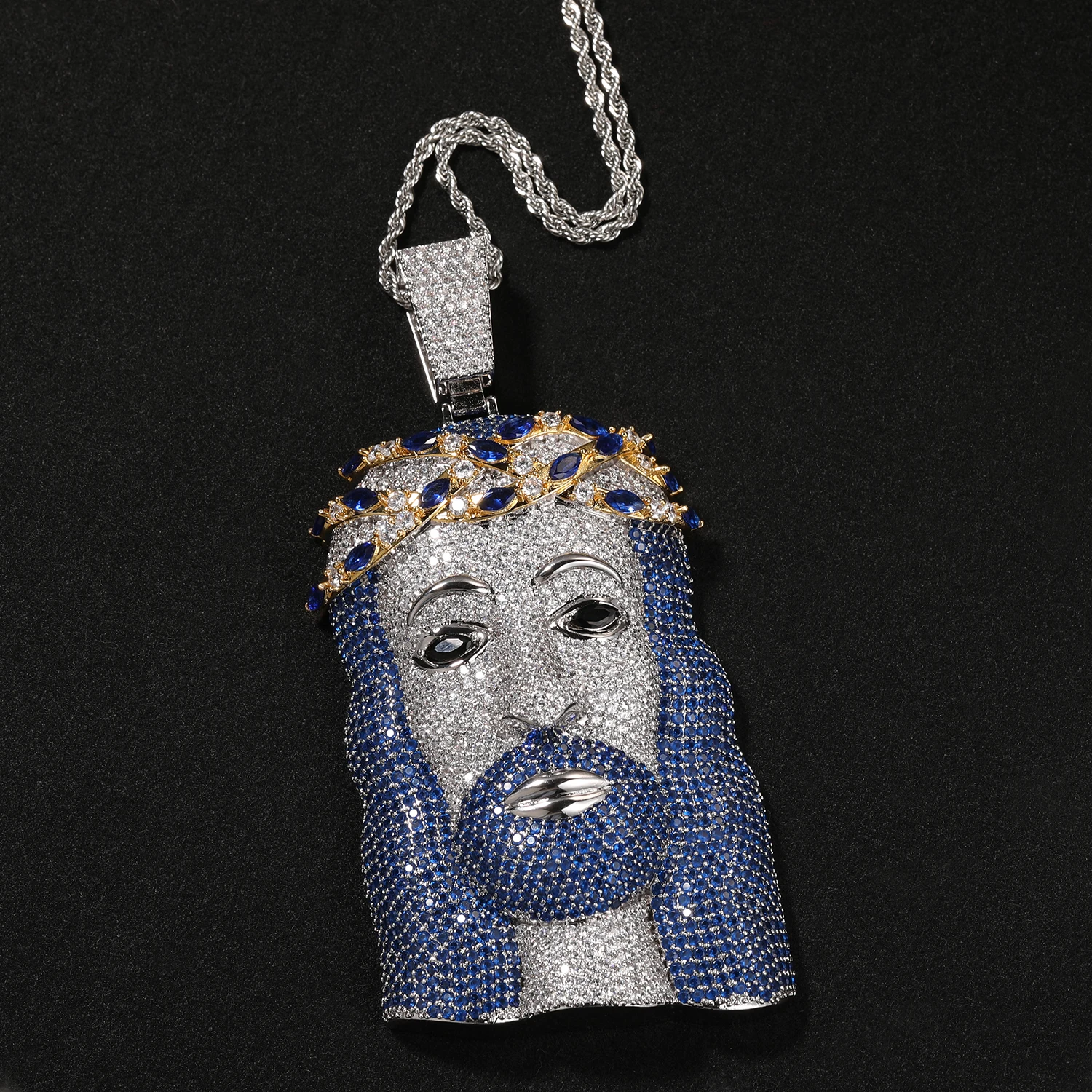 THE BLING KING Iced Two Tone GIANT Jesus Pendant Necklace Full Iced Out Blue Cubic Zirconia Charm Necklace  Hiphop Jewelry