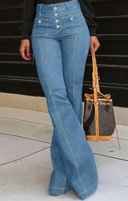 Amerykańskie jeansy damskie w stylu retro z wysokim stanem, zapinane na jeden guzik, z modnymi i stylowymi jednolitymi wzorami i rozszerzanymi nogawkami.