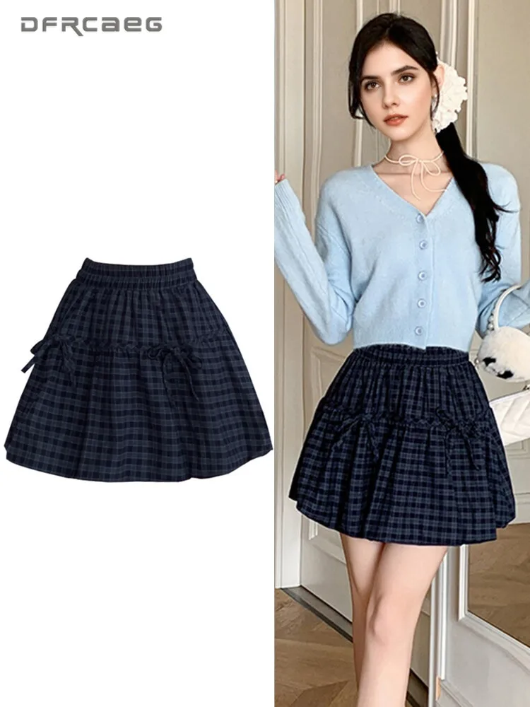 

Осенне-зимняя клетчатая юбка в стиле ретро для женщин с эластичной резинкой на талии Y2k, милые повседневные короткие юбки с бантом