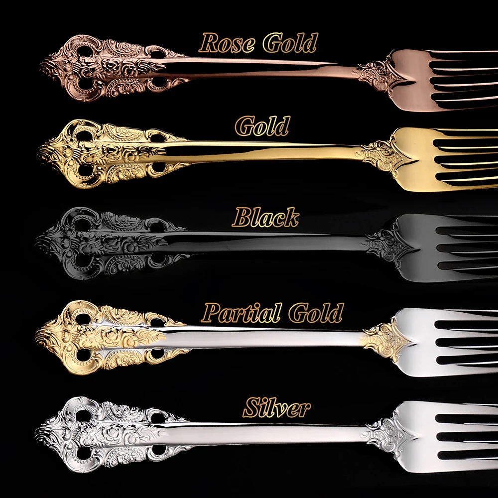 30-Pieces Royal Vintage Gold Plated Stainless Steel Cutlery Colorful Spoon Fork Knife Set Black Rose Gold Flatware Service For 6