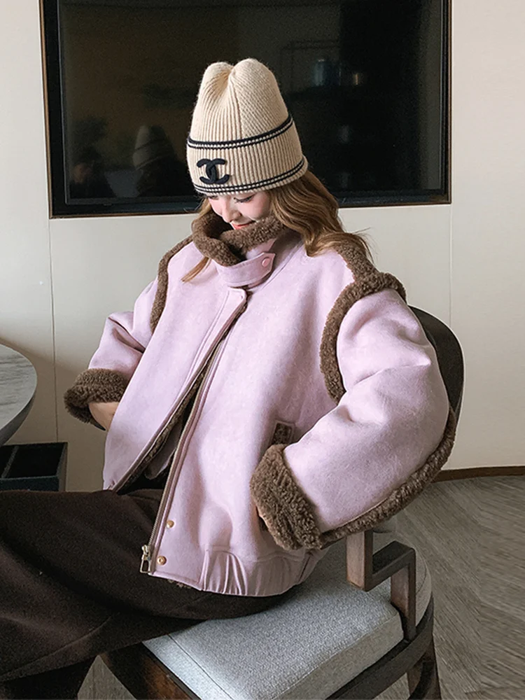 معطف نسائي أنيق من فرو الخروف، معطف راكبي الدراجات النارية، معطف خريفي وشتوي جديد، معطف نسائي كاجوال بقصة مستقيمة