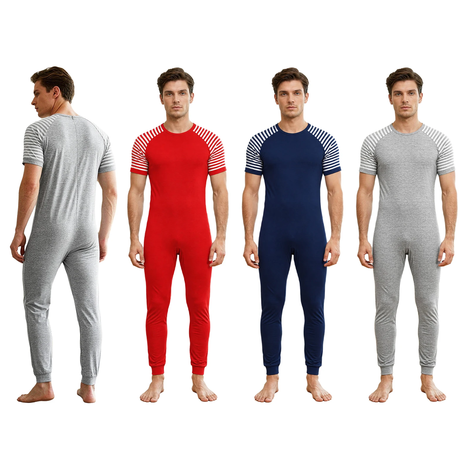 Men Special Needs Adaptive Pajamas Jumpsuit Short Sleeve ASD Adult Anti-strip Back Zipper Bodysuit Nightwear Homewear Loungewear