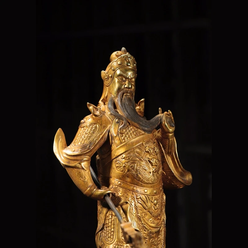 Antique Collection Old Collection Pure Copper Gilt Standing Sword Guan Di Shengjun Guan Yu Guan Gong Martial God Bronze Statue O