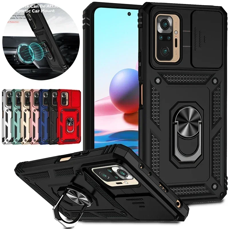 For Xiaomi Redmi Note 10 10S Case Car Holder Ring Phone Case For Redmi Note 10 Pro Max Note10 S Slide Camera Armor Back Cover