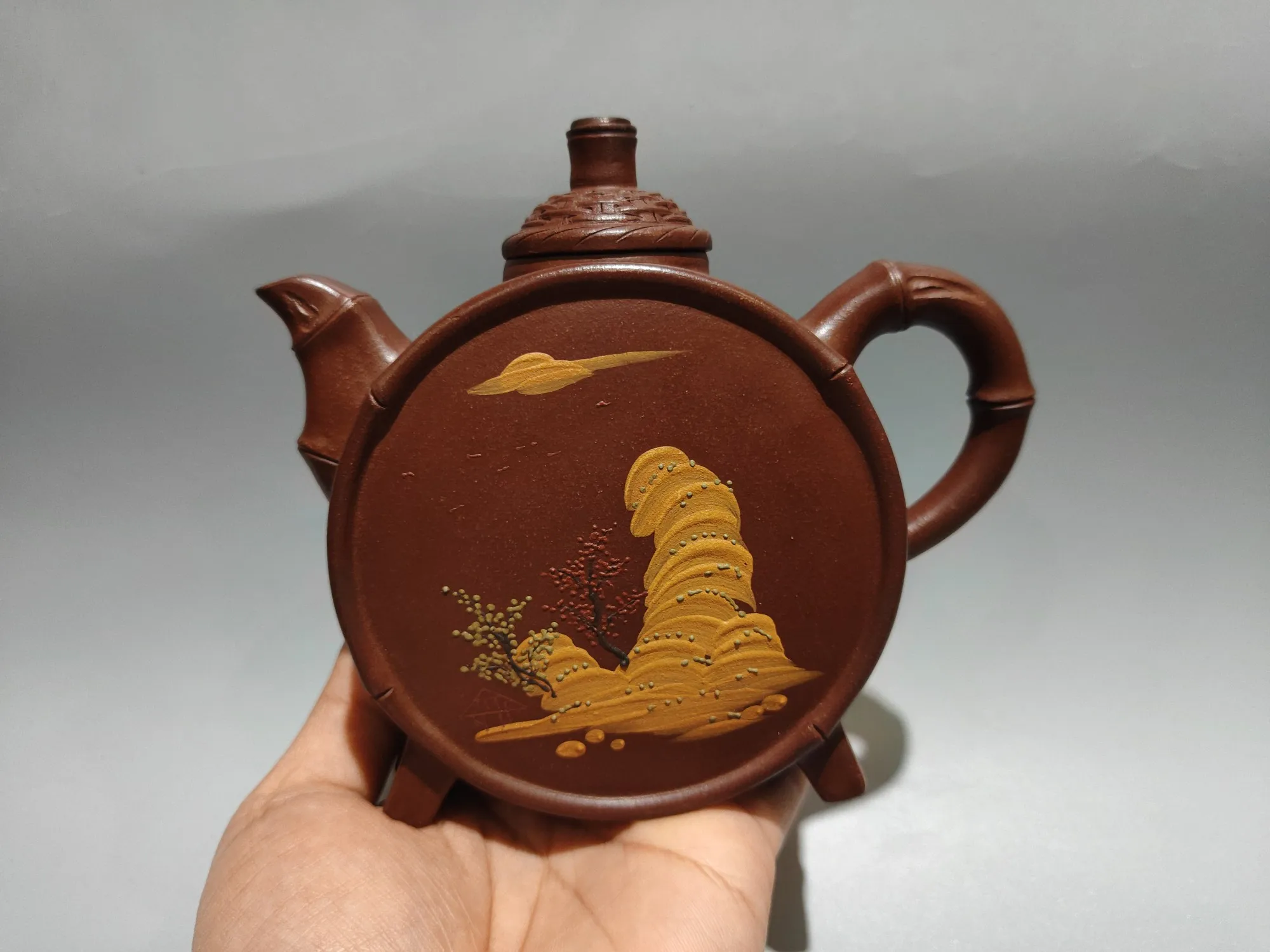 Unique Old Chinese YiXing Handcraft puyple Clay Teapot,Painted landscape scenery, with mark, Free shipping