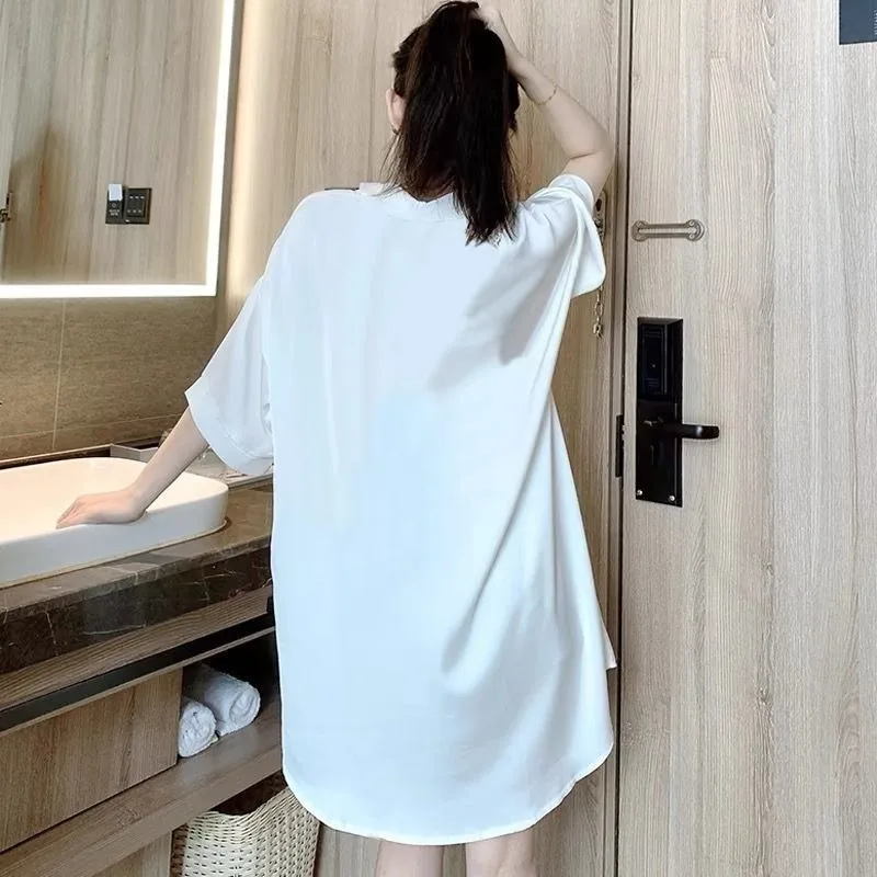 Fashion Loose Simplicity Elegant Solid Color Ice Silk Nightgown Summer New SexyWomen Shirts Pajama Thin Style Micro Transparent