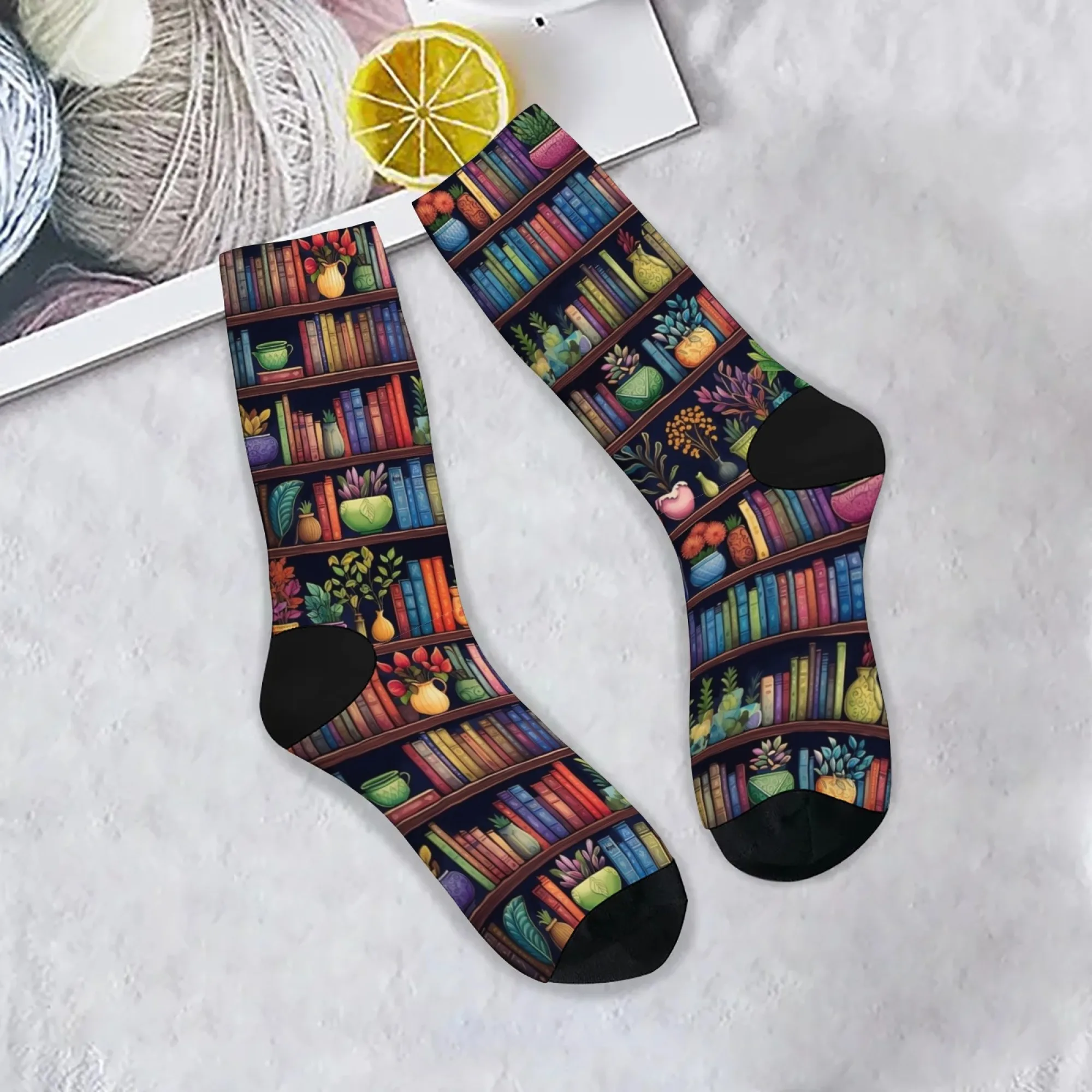 

Colorful bookshelf happy socks library theme novelty funny socks creative design unisex street hip-hop personality trend socks