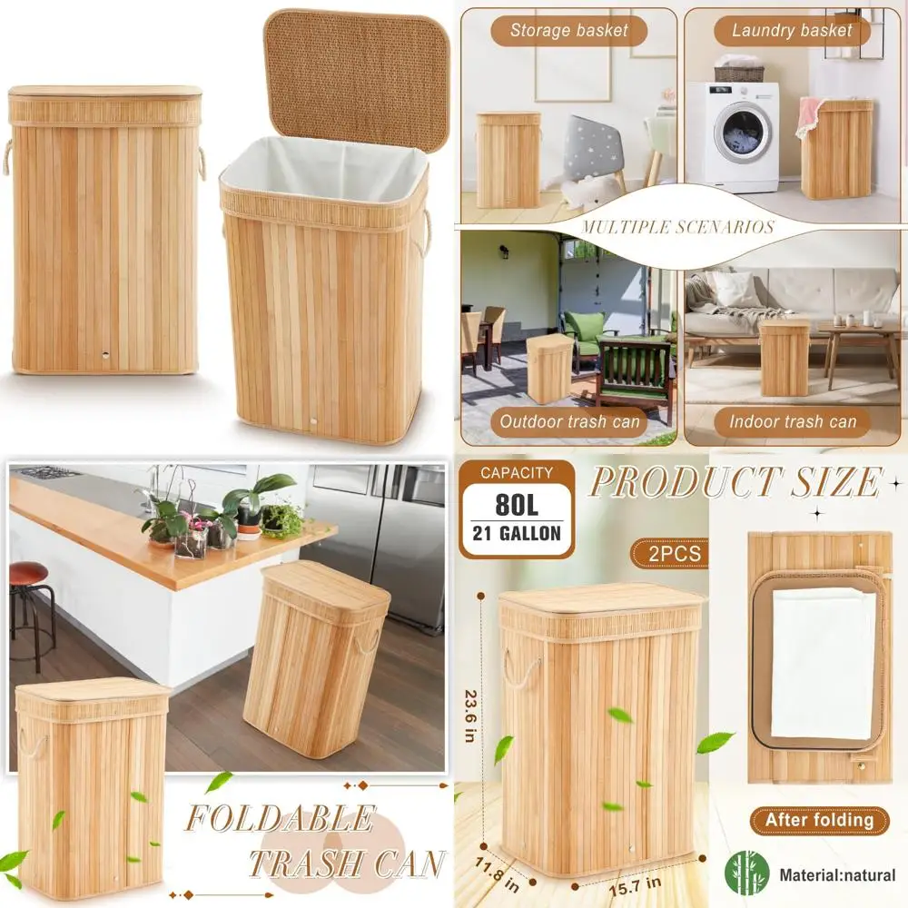 

Large Foldable Bamboo Trash Can - 21 Gallon Slim Waste Basket for Bathroom and Bedroom Use