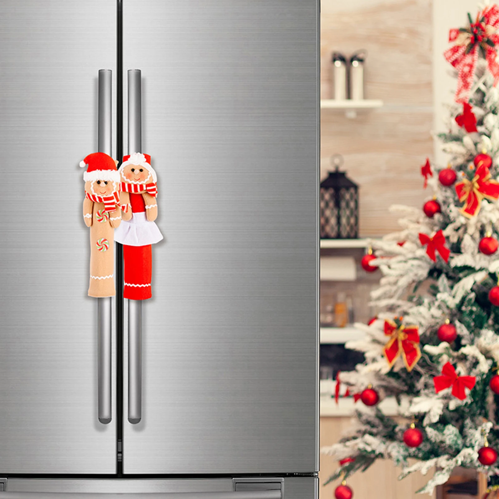 2 Pairs Refrigerator Handle Covers Fabric Gingerbread Man Protective Sleeves for Christmas Kitchen Decor Anti-Scratch