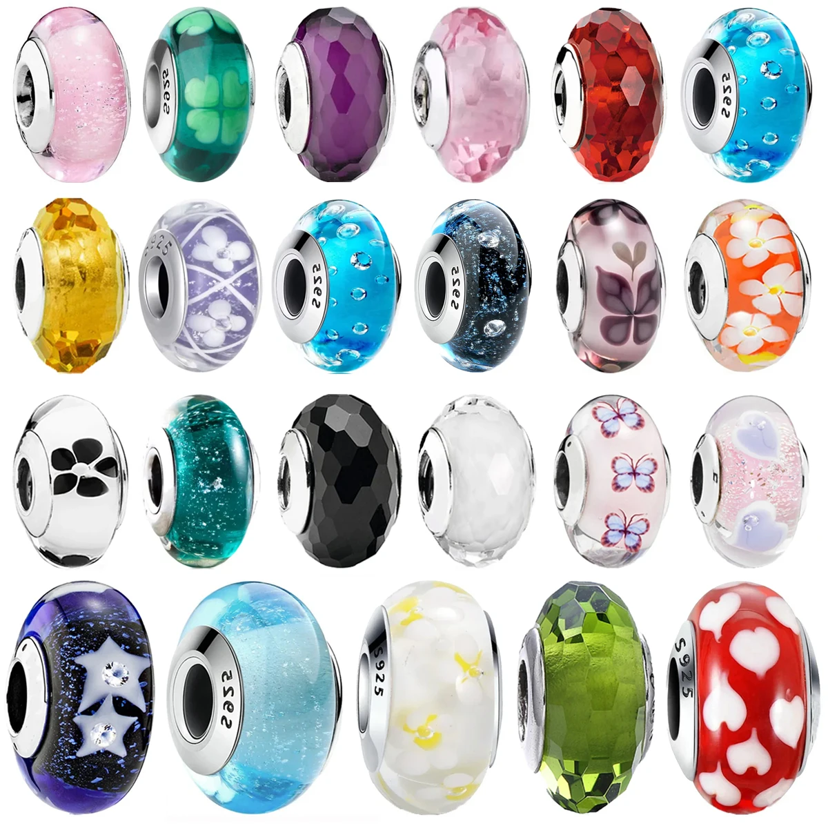 

Винтажные стерлингового серебра 925, красочные стеклянные прозрачные бусины ручной работы с цветочным узором, граненые хрустальные подвески, детали браслета «сделай сам»