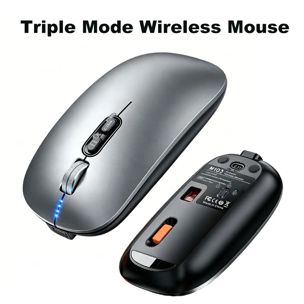 Silent Multi-Device Triple Mode Mouse 4-Level Power One-Click Privacy Key Rechargeable Slim BT 2.4G 1600DPI for Laptop iPad PC