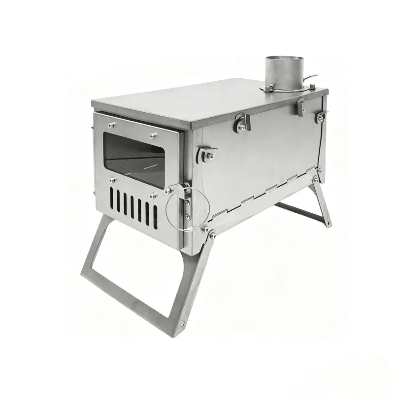 Stainless Steel Single Glass Foldable Portable Wood Stove - Outdoor Tent Camping Hiking Backpacking Stove