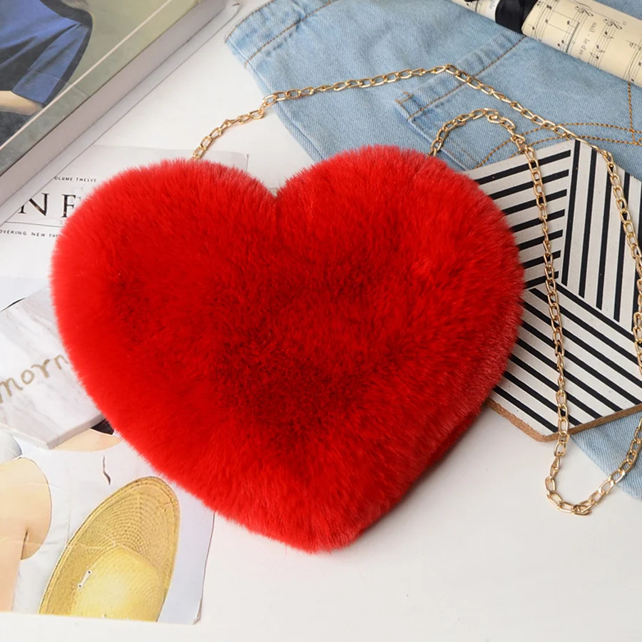 Fashion Fluffy Women's Heart Shaped Handbags Cute Kawaii Faux Fur Crossbody Bags Wallet Purse Plush Chains Shoulder Bag Handbags view 3