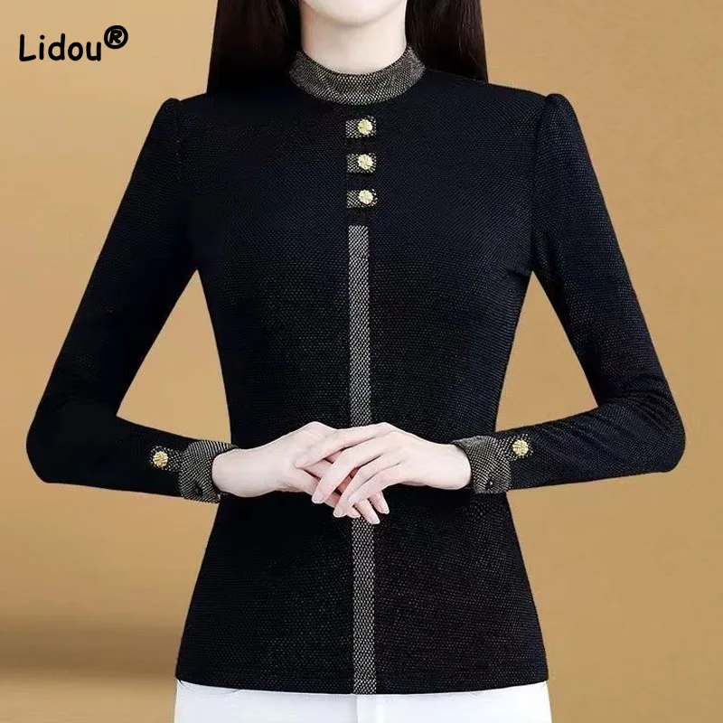 

Female Fashion Slim Button Spliced Solid Color Tops Autumn Winter New Commute All-match Long Sleeve T-shirt Women's Clothing