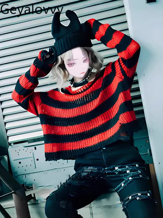 

Japanese Gothic Style Subculture Personality Punk Round Neck Striped Pullover Sweet Girls Versatile Distressed Y2K Sweater