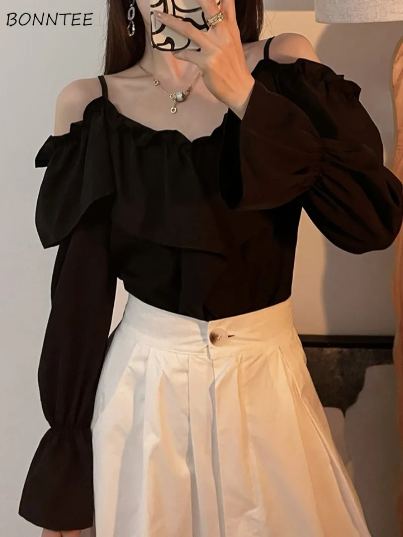 

Long Sleeve Blouses for Women All-match Ruffles Design Hollow Out Classic Popular Hotsweet Streetwear Vintage Chic Tops Ulzzang