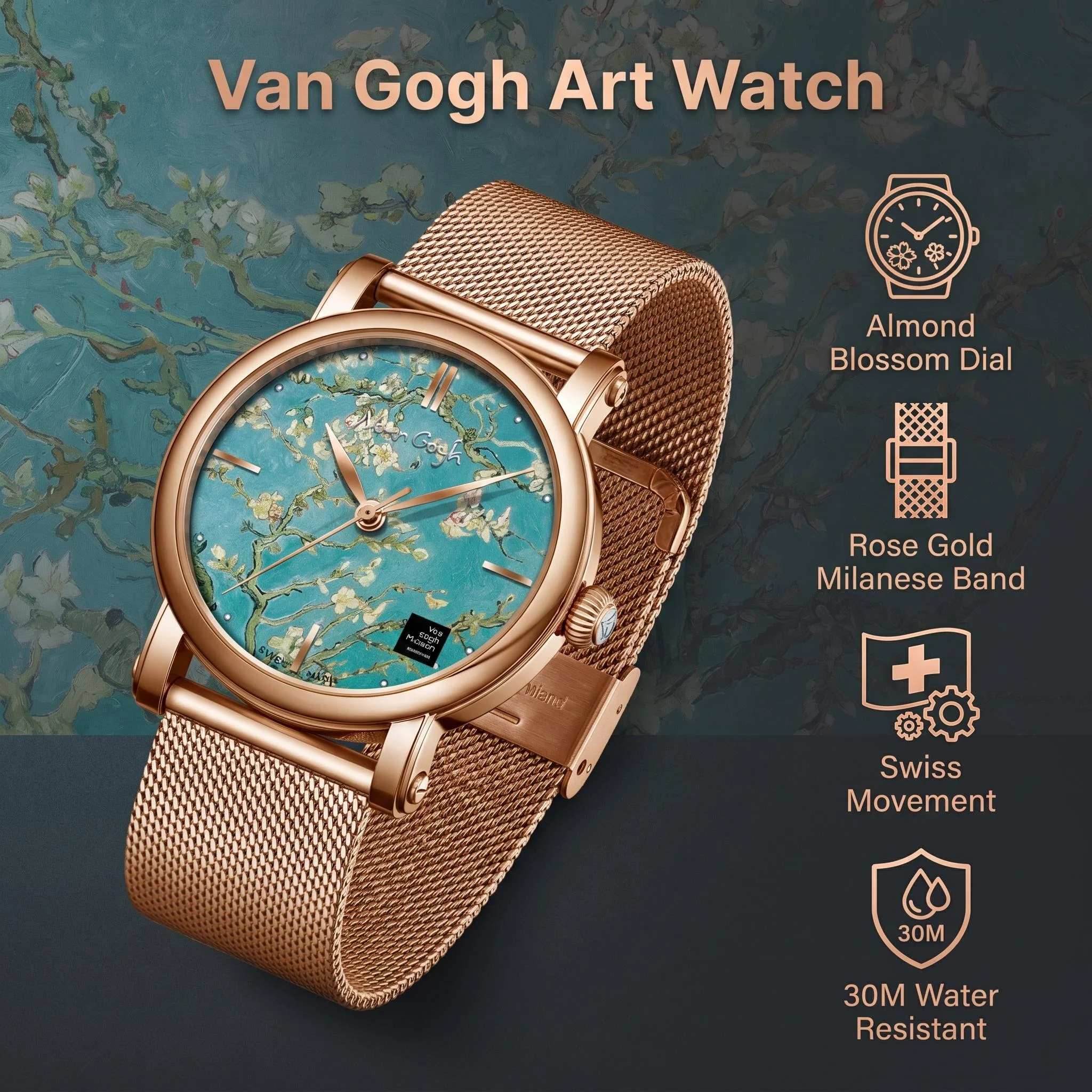 Женские кварцевые часы Van Gogh Art с японским механизмом, 36 мм, циферблат с изображением пшеничного поля, розовое золото, миланский сетчатый браслет, женские часы