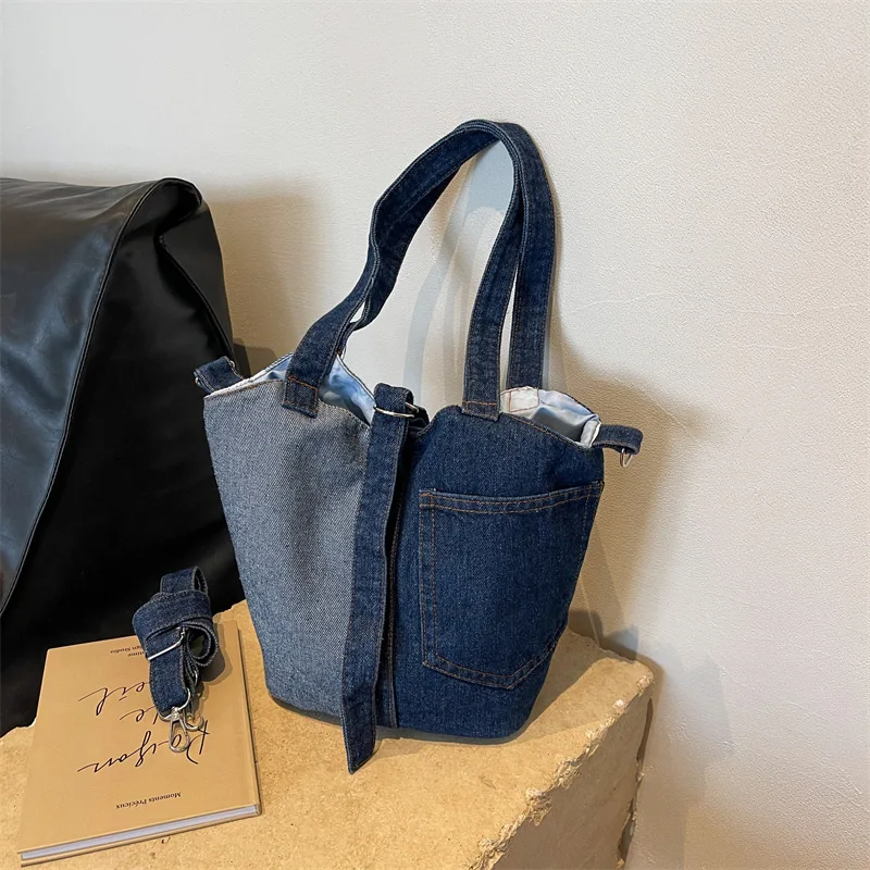 Washed Denim Fabric Bucket Bag Colorblock Patchwork Handbag Women\'s New Large Capacity Shopping One Shoulder Tote Crossbody Bag