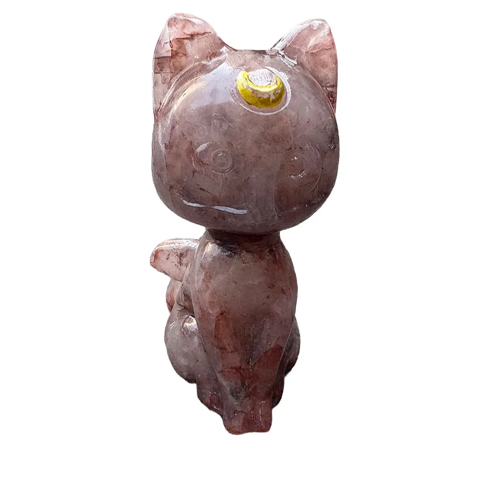 Custom Natural Red Hematoid Quartz Moon Cat Crystal Carving - 8cm Hand-Carved Gemstone Anime Character Statue