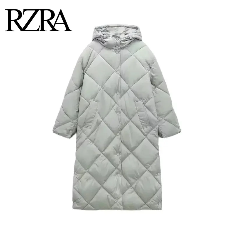 RZRA Women\'s 2024 New Two-Color Fashionable and Versatile Diamond Check Quilted Hooded Long Cotton Coat Coat Comfortable