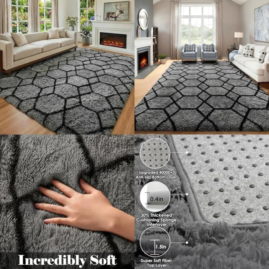 

6x9 Area Rugs for Living Room Bedroom, Large Fluffy Grey and Black Throw Rug, Geometric Soft Plush Shaggy Fuzzy Floor Carpet fo