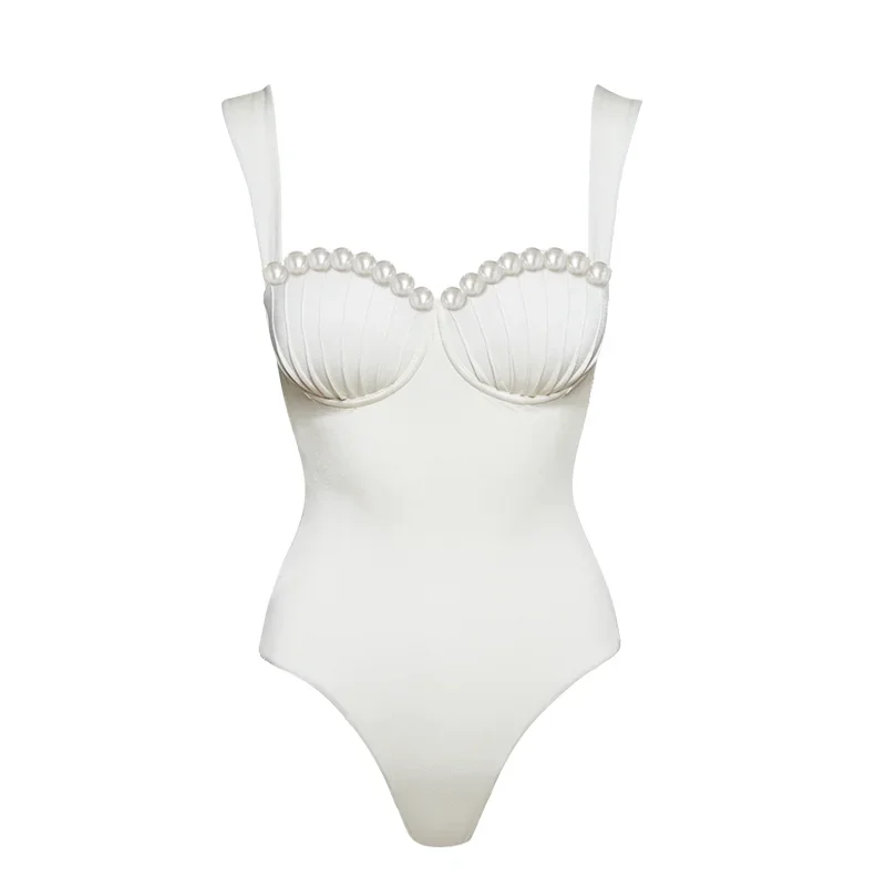 FLAXMAKER Pearl Beaded Push up One Piece Swimsuit Swimwear Women Beachwear Luxury Bathing Suit White Bodysuit