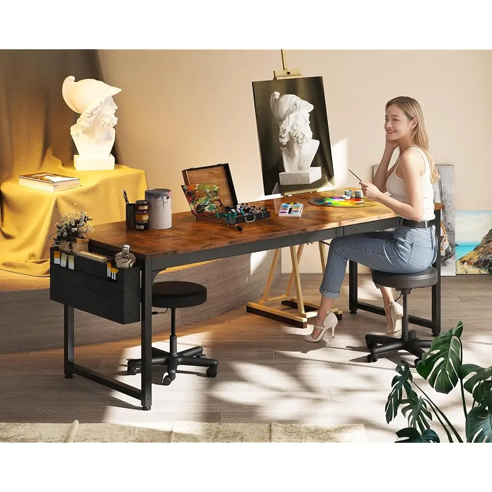 مكتب كمبيوتر كبير 71 ساعة، مكتب منزلي، طاولة عمل طويلة وحديثة مع خطاف سماعة الرأس وحقيبة قماش للتخزين، مقسمة #5