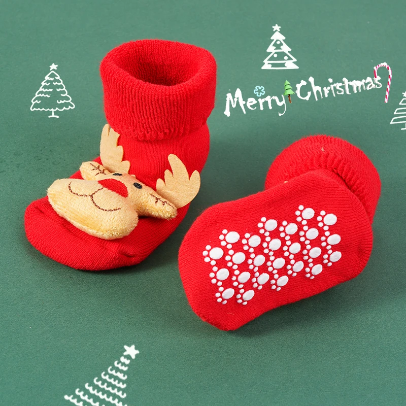 2 Pairs Baby Christmas Socks Non-slip Cute Cartoon Kids Floor Socks Soft Winter Warm Toddler Shoes First Walkers New Year Gift