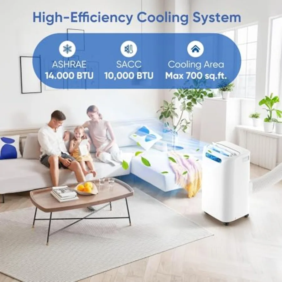 Portable air conditioner for large rooms, white ABS plastic, 14000 BTU cooling capacity, cools up to 700 sq.ft, includes remote