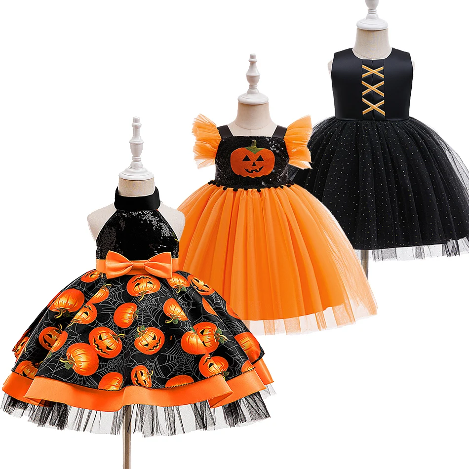 

Baby Girl Halloween Costume 0-3 Yrs Little Girl Fantasy Dress Children Pumpkin Skeleton Print Fluffy Gown Kids Cute Orange Frock