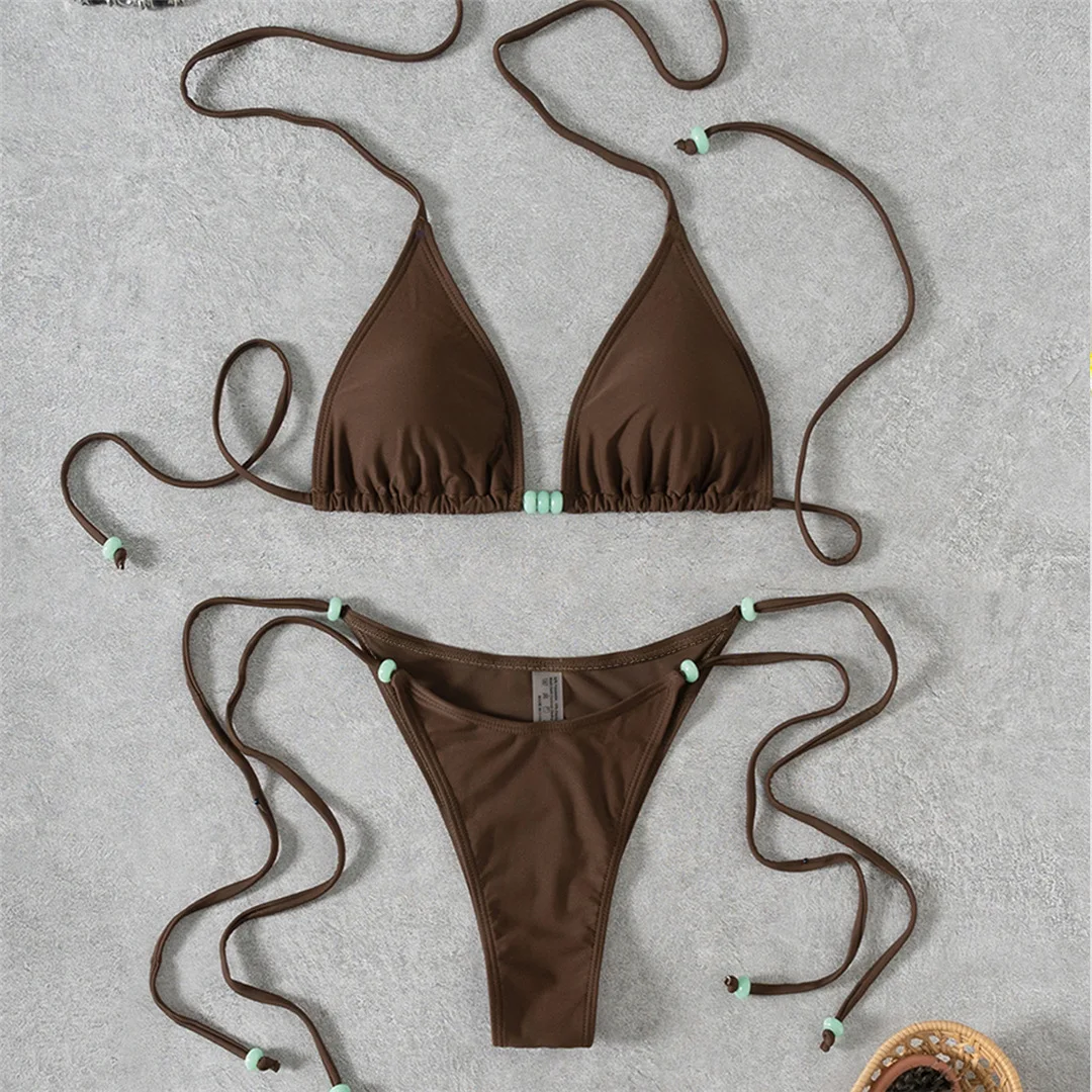 XS - L Neckholder-Bikini mit hohem Beinausschnitt und Riemchen, Damen-Badeanzug, zweiteiliges Bikini-Set, Badebekleidung, Badeanzug, Schwimmbekleidung V7004 – Detail 9